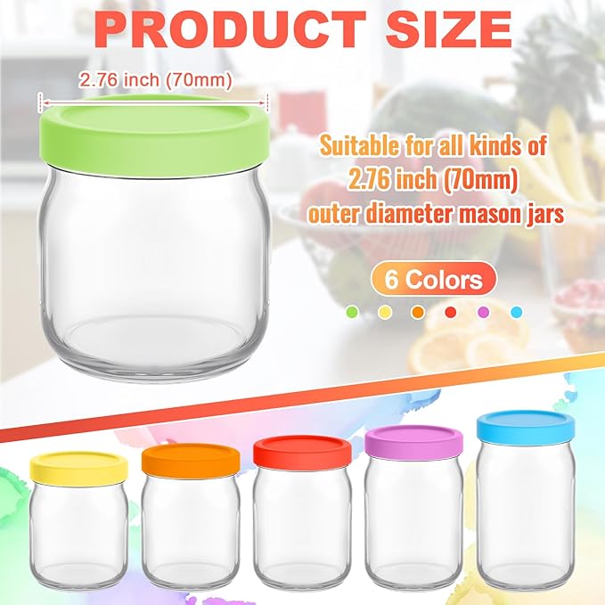 6 Pcs Silicone Regular Mouth Lids Mason Jar Lids Thickened Leak Proof Lid for 70 mm All Regular Mouth Mason Jars, Reusable Large Canning Jar Caps(Red, Orange, Yellow, Green, Blue, Purple)