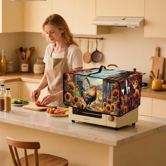 Toaster Oven Dust Cover Dustproof Smart Oven Air Fryer Microwave Cover with Pockets, Electric Appliance Protector Fall Home Decor, S, Chicken Rooster Sunflower Pumpkin Butterfly