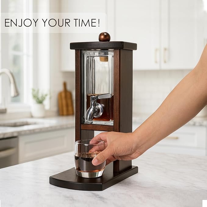 Whiskey Decanter with Tap, Glass and Wood Liquor Dispenser for Home Bar, Bourbon Tequila and Scotch Decanter, Unique Whiskey Gift Set for Men and Whiskey Lovers