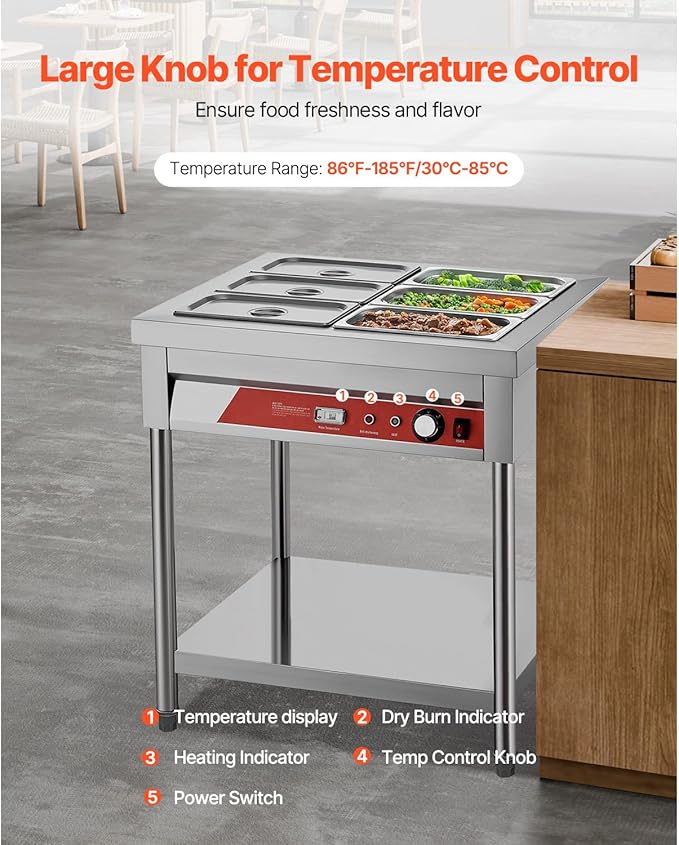 Happybuy 6-Pan Commercial Food Warmer, 1500W Electric Steam Table with Undershelf, Stainless Steel Buffet Server for Restaurants, Parties, and Hotels