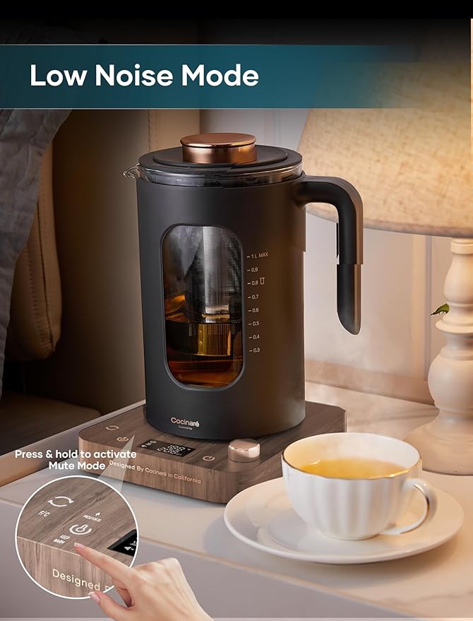 INTASTING Electric Tea Kettle, Electric Kettle with Tea Infuser, ±1℉ Knob Temperature Control, BPA-Free Glass, 1200W Fast Heating, Easy to Clean, 1 Liter (Wood)