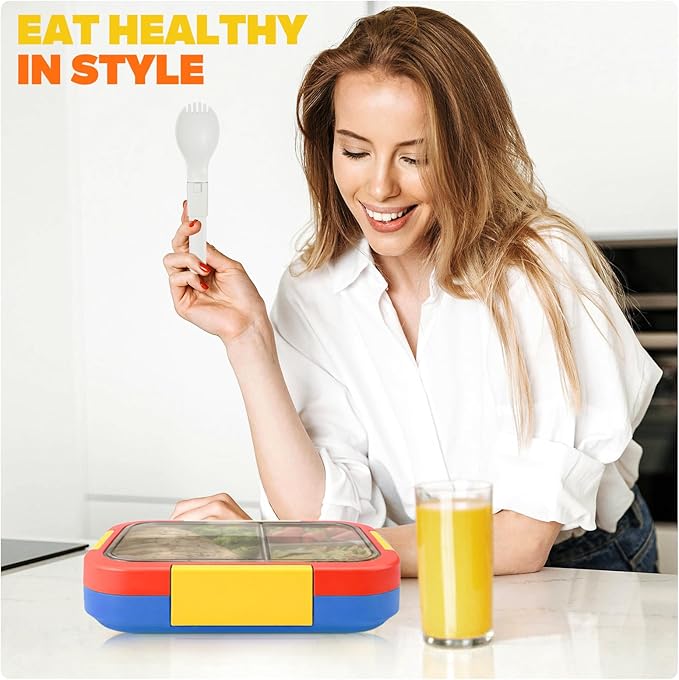 EASYFUN Bento Box Adult, Lunch Box, 3-Compartment Lunch Containers, Drop-Proof, Dishwasher Safe & Made with BPA-Free Materials (Red blue)