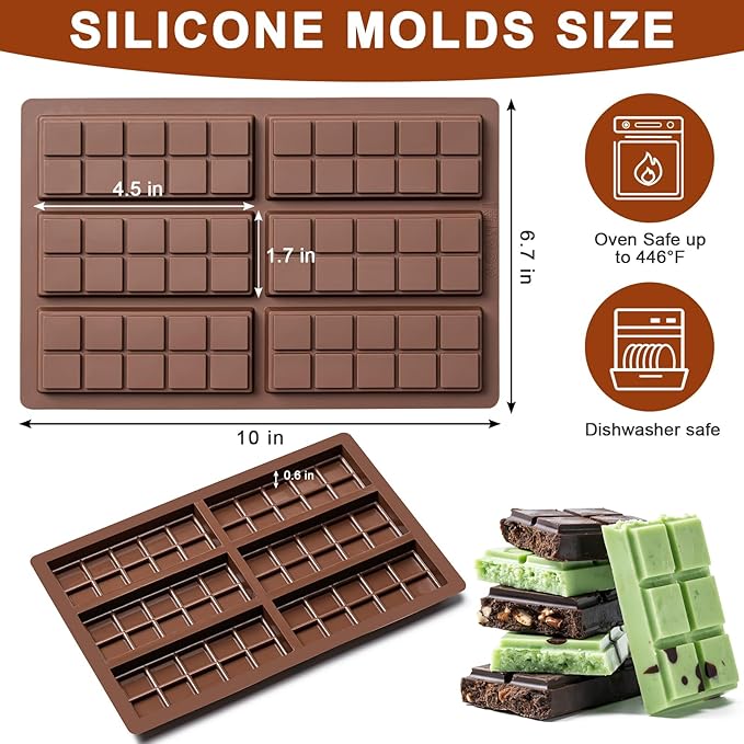 Husfunov Chocolate Bar Mold,Non-Stick Chocolate Molds, 100% Food Grade Silicone Deep Mold for Dubai Pistachio Rod, Candy, Snacks, Knafeh Pistachio Rod and More(10 Snap)