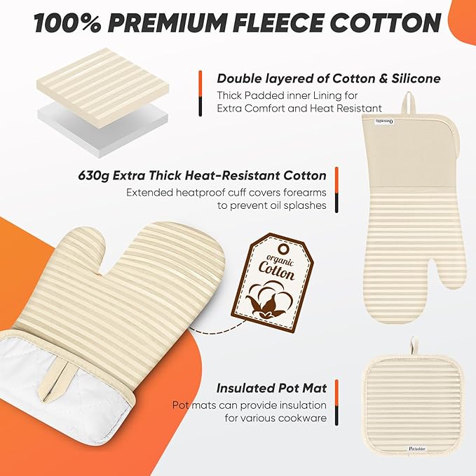 Oven Mitts Kitchen Towels and Dishcloths with Pot Holders Sets, Oven Gloves Hot Pads 500°F Heat Resistant with Silicone Grip, Include 2 Cooking Gloves/2 Potholders/4 Kitchen Towels/4 Dish Towels