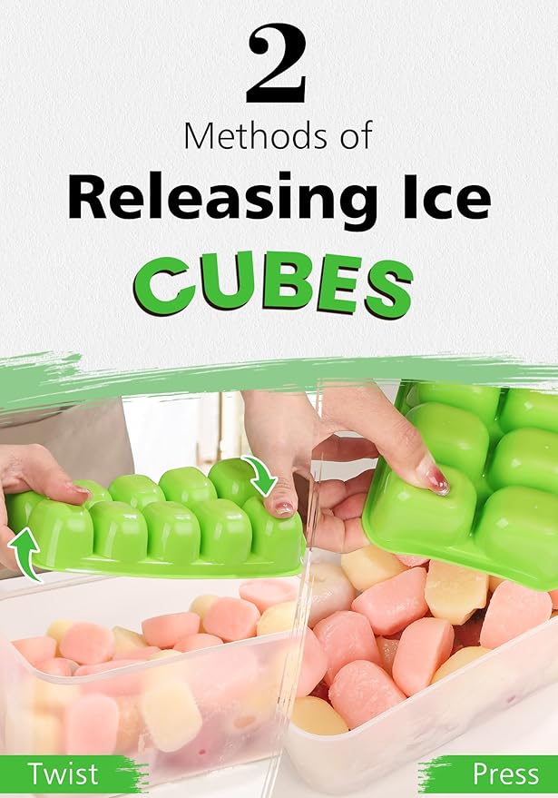 DOQAUS Ice Cube Tray with Lid and Bin - 4 Pack Ice Bucket Kits, Stackable Silicone Ice Trays for Freezer, Easy Pop Out, BPA Free for Cocktail, Coffee, Soup, Food, RV, Kitchen