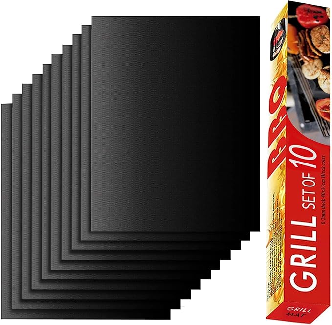 RENOOK Grill Mats for Outdoor Grill, Set of 10 Grill Mat for Gas Grill, 100% Non-Stick BBQ Sheets for Grilling, 15.75 X 13 Inch