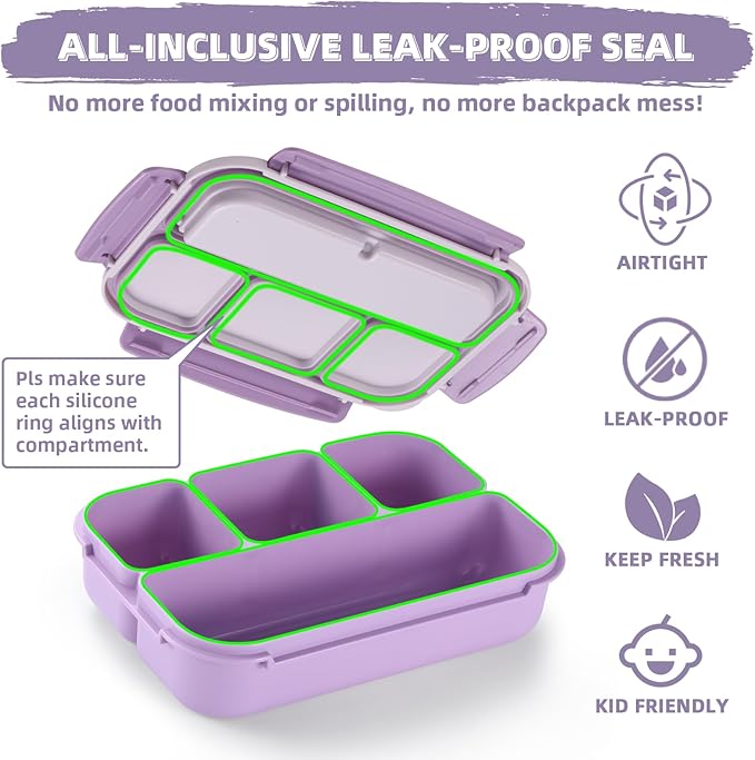 QQKO Bento Box Adult Lunch Box, Lunch Containers for Adults Men Women, Kids Lunch Boxes for School with 4 Compartments, Sauce Container, Utensils and Muffin Cups, Purple