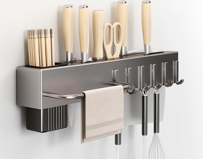 SEIDO Carbon Steel Utensil Rack – Space-Saving 16" L Kitchen Organizer with hooks & hanging bar, Gunmetal Gray Knife Holder, 2 Installation Options (Adhesive/Screwed)