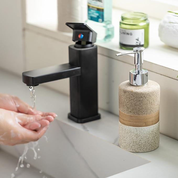Ceramic Dish Soap Dispenser Set with Silicone Funnel, Hand Soap, Shampoo, Body Wash, Lotion Dispenser for Kitchen and Bathroom, Stainless Steel Pump, Non Slip, 12 Oz