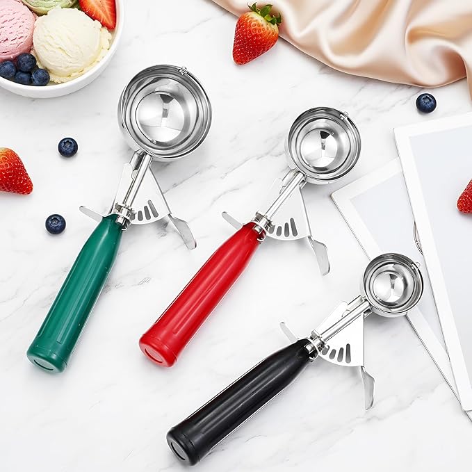 Reallnaive 3 Pcs Release Cookie Scoops Ice Cream Scooper with Trigger Release Portion Scoop Stainless Steel for Portion Control, Baking Food, Cookie Dough (2.65 Oz+1.33 Oz+ 0.75 oz,Green,Red,Black)