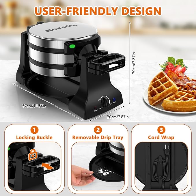 Waffle Maker, 1400W Belgian Waffle Maker, Double Waffle Iron 180° Flip, Rotating Nonstick Plates, Adjustable Browning Control, Locking Buckle & Cool Touch Handle, Removable Drip Tray, Stainless Steel