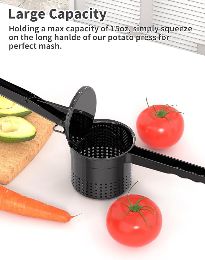 Livilord Large 15oz Potato Ricer, Heavy Duty Stainless Steel Ricer for Mashed Potatoes, Sweet Potato Masher Kitchen Tool with Ergonomic Handle, Press and Mash Kitchen Gadget, Black