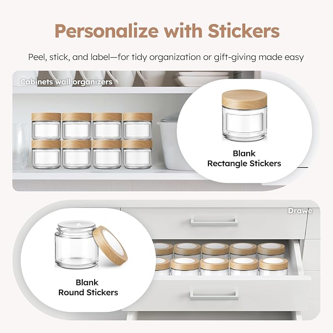 2 oz Glass Jars with Lids, 36 Pack Clear Small Glass Jars with Woodgrain Lids Leakproof Round Airtight Empty Cosmetic Travel Containers with Inner Liners for Lotions Powders and Candle Making