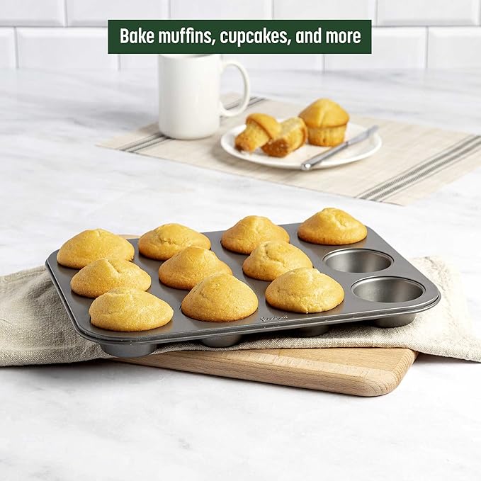 Goodful Nonstick Muffin Pan Set, Heavy Duty Carbon Steel with Quick Release Coating, Made without PFOA, Dishwasher Safe, 2-Pack Bakeware Set, 12-Cup, Gray