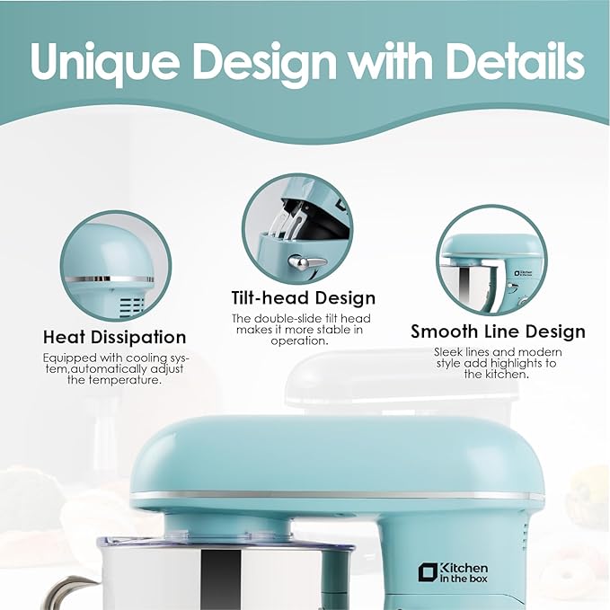 Kitchen in the box Stand Mixer - 6.5 Quart Mixing Bowl with Handle, 900 Watt Heavy Bread Dough Standing Mixers Tilt-head with Dough Hook, Whisk, Flat Beater and Splash Guard (Blue)