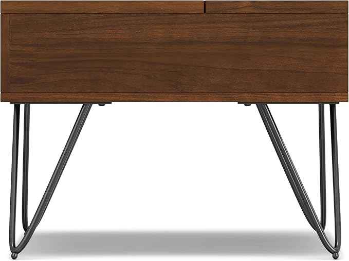 SIMPLIHOME Hunter Lift Top Coffee Table - 48 inch Wide Walnut Veneer and Metal Industrial Cocktail Table, Functional Living Room Table with 2 Storage Cubbies and Hairpin Legs