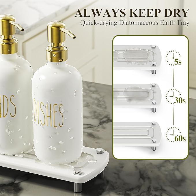 Cisily Kitchen Soap Dispenser Set Comes with Ceramics Sponge Holder, Gold Pumps, and Instant Dry Tray, Hand and Dish Soap Dispenser Set (5, Gold + White + Brush Holder + Sponge Holder)