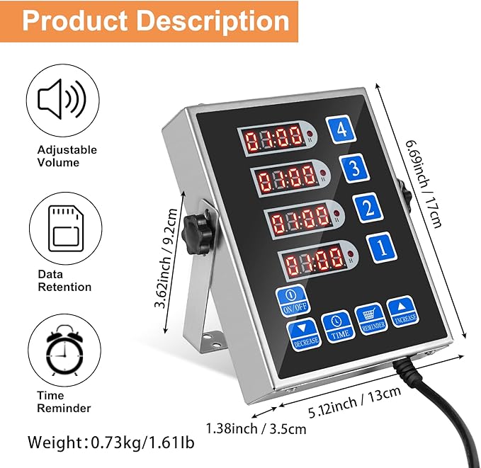 Precision Kitchen Timers for Cooking – 4 Channel Commercial Kitchen Timer Restaurant Kitchen Supplies – Stainless Steel Digital LED Chef Cooking Timer – Reminder Function, Loud Alarm, Black