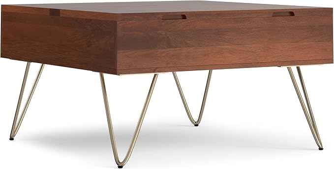 SIMPLIHOME Hunter Lift Top Coffee Table - 32 inch Wide Solid Mango Wood Industrial Square Cocktail Table in Umber Brown, Living Room Table with Dual Lift Tops, Hidden Storage and Gold Hairpin Legs