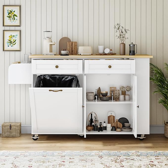 60'' Rolling Kitchen Island with Drop Leaf, Storage Islands Cart with Tilt Out Trash Can Cabinet, Rubber Wood Tabletop, Knife Holder, Wheels, White