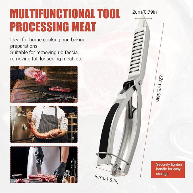 BBQ Rib Skinner & Membrane Remover - Ergonomic Rib Prep Tool with Boning Tongs, Stainless Steel Non-Slip Grip, Dishwasher Safe BBQ Grilling Accessory