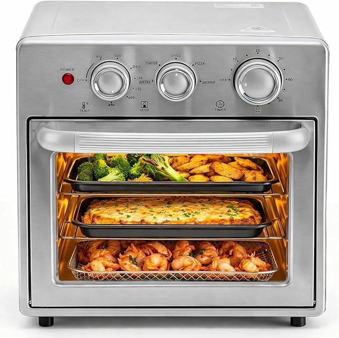 HealSmart 5-in-1 Stainless Steel Air Fryer Oven 16.9 Qt, Upto 450°Preset Airfryer with Visible Window and 4 accessories, Air Fry, Roast, Bake, Dehydrate, Fries, Silver