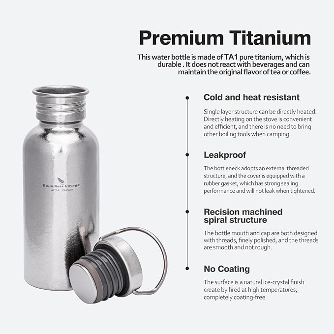 Boundless Voyage Titanium Water Bottle with Lid Wide Mouth Leak-Proof Reusable Sport Drinking Bottle for Camping Hiking Picnic Climbing Running Tea Coffee (420ml-glossy)