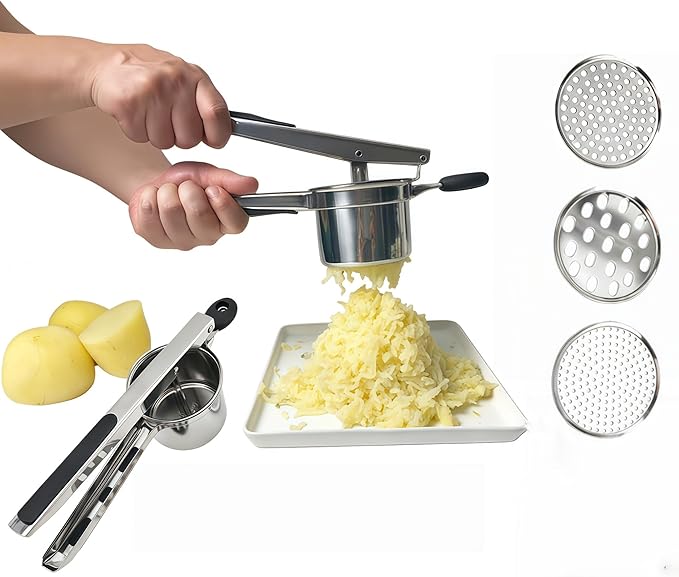 Potato Ricer Stainless Steel with 3 Interchangeable Discs, Heavy Duty Potato Masher & Squeezer, Hand Ricer for Mashed Potatoes and Food Press, Easy to Clean Kitchen Gadgets