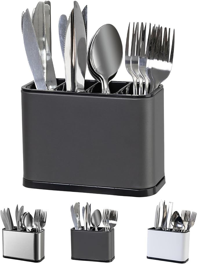 LIBODOUR Utensil Holder,Stainless Steel Caddy Counter,Spoon holder,4 Compartments Silverware Caddy,Capacity Flatware Spoon Fork Tool Cutlery Holder(Grey)
