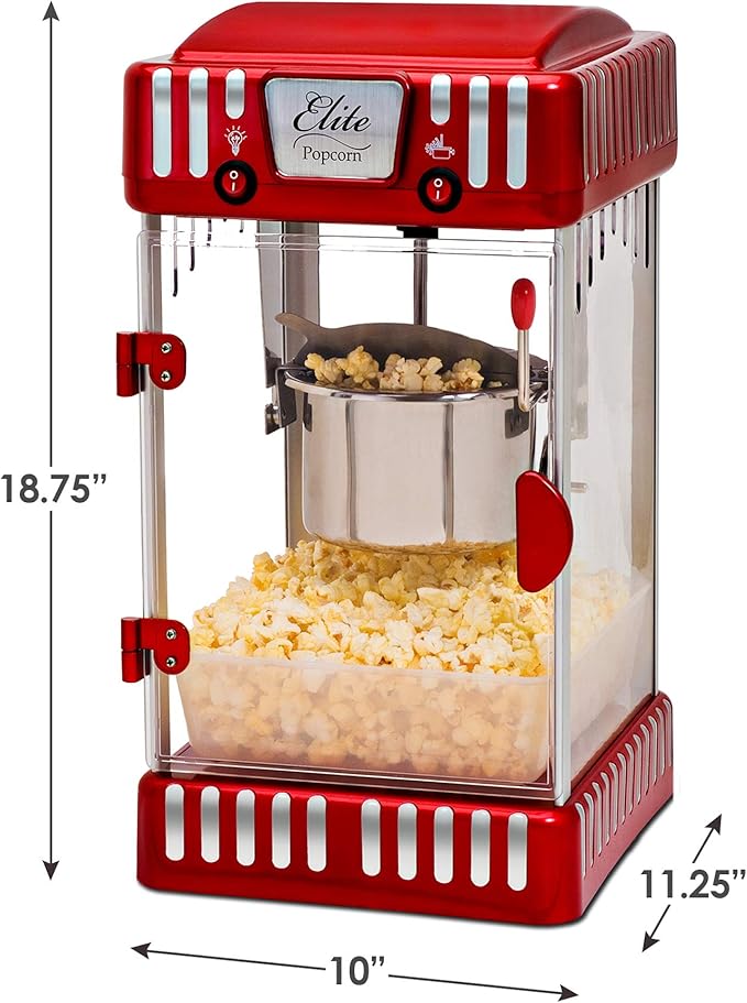 Elite Gourmet EPM-250X Maxi-Matic 2.5 Ounce Classic Carnival, Tabletop Kettle Popcorn Popper Machine, Retro-Style, Movie Hot Buttered Popcorn, Red