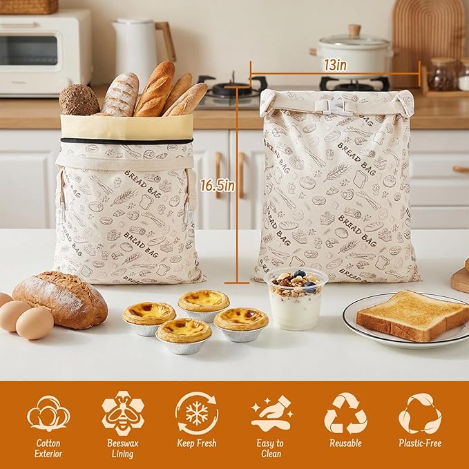 2-Pack Reusable Beeswax Bread Bags for Sourdough & HomemadeBread with Zipper, 16.5 x 13 inch bread bags for Food Storage