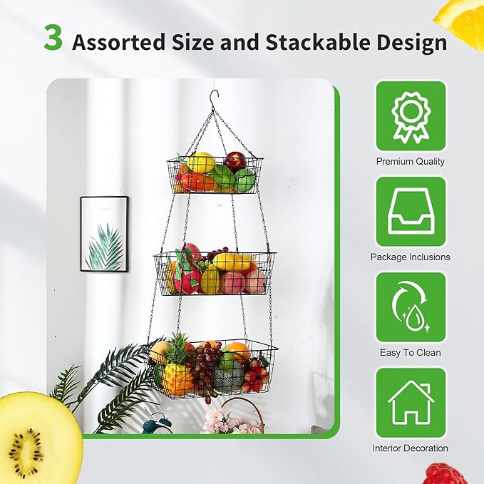 Hicarer 3 Tier Hanging Fruit Basket Square 35.4 Inch Fruit Organizer Kitchen Heavy Duty Wire Organizer with Metal Ceiling Hooks for Kitchen Vegetable Produce Storage