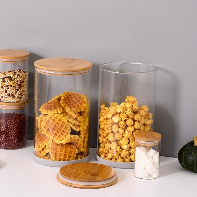 SHOWIN 32oz Glass Food Storage Jars, Glass Jars with Bamboo Lids, Kitchen Storage Jars, Canisters with Airtight Lids for Spice, Coffee, Cookie, Set of 4, Pantry Organizers