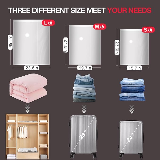 16 Pack Vacuum Storage Bags for Travel – Vacuum Seal Bags for Clothing – Space Saver with High Pressure Electric Pump, Compression Packing for Luggage and Suitcase