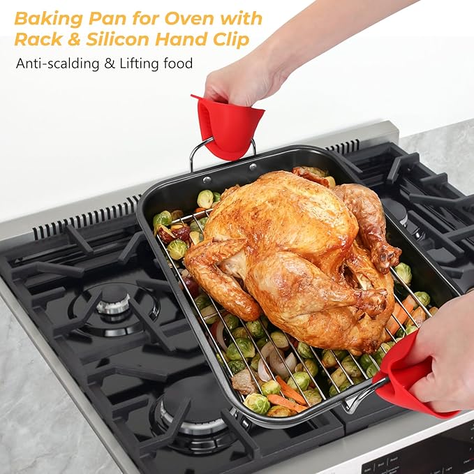 Nonstick Roasting Pan with Rack, 14.5x11.4’’ Baking Pan for Oven with Rack & Silicon Hand Clip, Heavy Duty Dishwasher Safe Rectangular Lasagna Pan with Handle for Turkey Chicken, Dark Grey