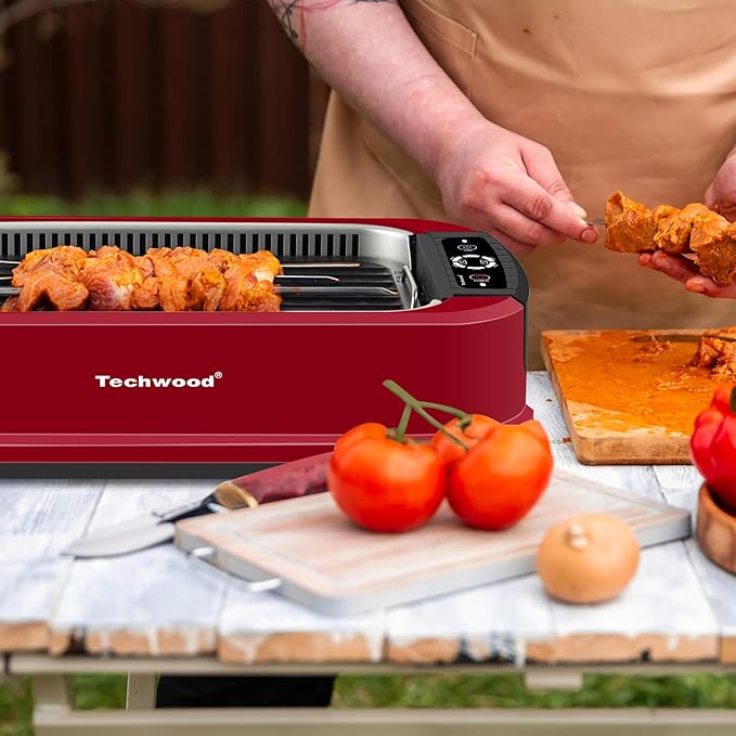 Indoor Smokeless Grill, Techwood 1500W Electric Indoor Grill with Tempered Glass Lid, Portable Non-stick Korean BBQ, Turbo Smoke Extractor Technology, Drip Tray& Double Removable Plate, Red