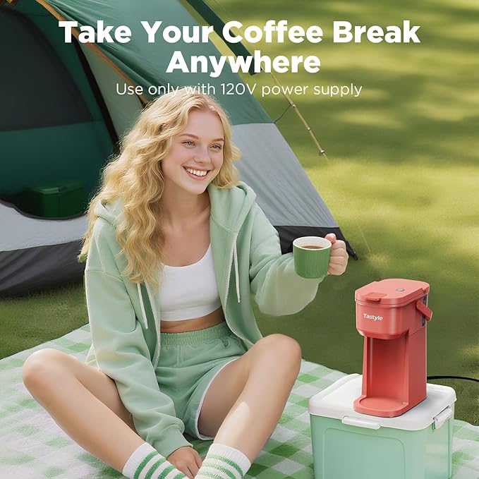 Tastyle Single Serve One Cup Coffee Maker, for K Cups and Grounds, Mini Coffee Maker with Portable Handle, 6 to 12 Oz Brew Size, for Travel, Camping, Office, RV and Dorm, 120V, Salmon Pink
