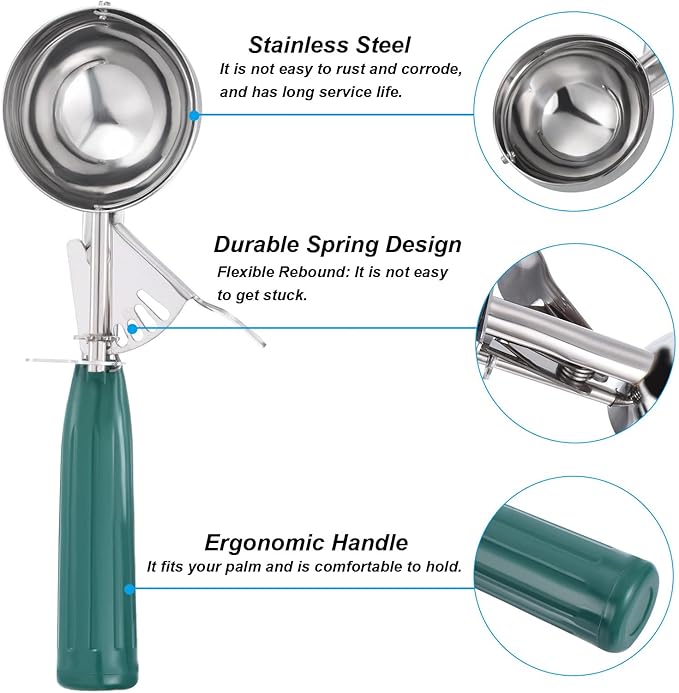 PATIKIL 2.6 Ounce Ice Cream Scoop with Trigger, Stainless Steel Portion Cookie Scoop with Thumb Trigger for Cookie Dough Cupcake Batter Baking, Green 79ML