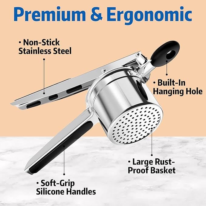 15 oz Stainless Steel Potato Ricer with 3 Interchangeable Plates, Large Capacity, Dishwasher Safe, Silicone Handles, Perfect for Mashed Potatoes, Baby Food, Vegetables & More