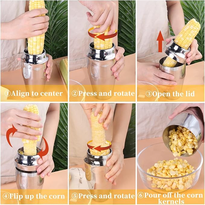 Newness Corn Stripper Peeler & Cutter with Cup, 304 Stainless Steel Cob Thresher, Off-Cob Kernel Remover & Slicer with Serrated Blade for Home & Kitchen