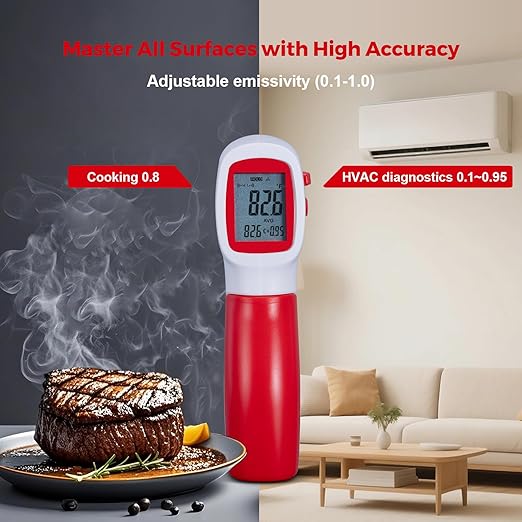 Infrared Thermometer for Meat,Laser Temperature Gun,-58~1112°F,DS 12:1 Digital IR Temp Gun with Adjustable Emissivity&High/Low Alarm,LCD Display Thermal Gun for Food Oven Cooking HVAC