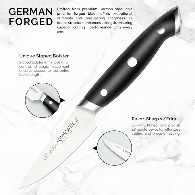WICKWILLOW 3.5" Paring Knife – Razor Sharp German Steel – Small Kitchen Knife for Peeling, Trimming & Precision Work – Full Tang & Ergonomic Handle – Gift Box – Velina Series