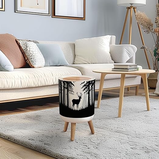 Trash Can with Lid Deer antlers posing forest silhouettes trees Magical misty landscape Press Top Round Small Garbage Bin with Wooden Legs Waste Basket for Kitchen Bedroom Nursery 7L/1.8 Gallon