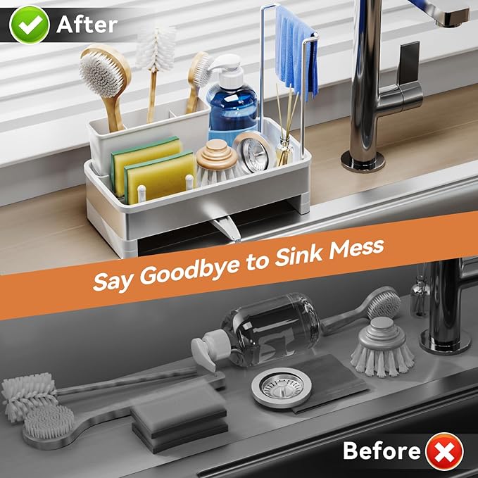 Sponge Holder for Kitchen Sink, Rustproof Stainless Steel Sink Caddy with Auto-Drain, Removable Brush Holders, Soap and Dishcloth Organizer, White