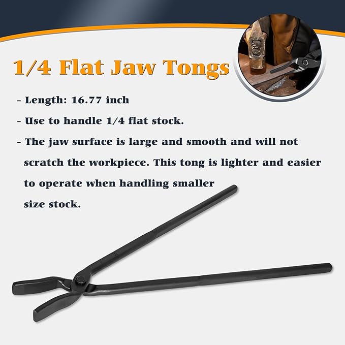 Blacksmith Knife Making Tongs Set - 3/8" 1/2" 5/8" V-Bit, 1/4 Flat Jaw, Pick Up, Scroll - Assembled Blacksmithing Bladesmith Steel Forge Tongs (6PCS)