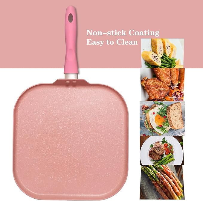 Square Griddle Pan for Stove Top Nonstick, Flat Pan with Spatula & Brush, 11"X 11" Pink