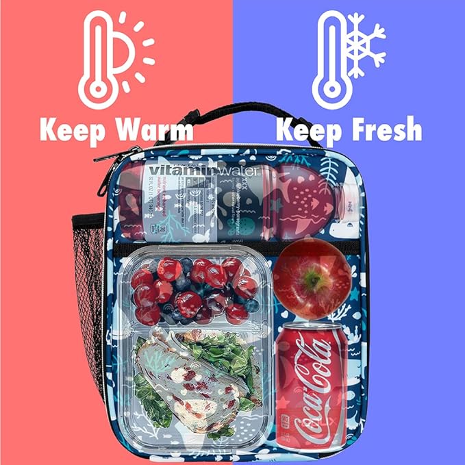 opux Premium Insulated Lunch Box, Soft School Lunch Bag for Kids Boys Girls, Leakproof Small Lunch Pail Men Women Work, Reusable Compact Cooler Tote Lunchbox for Office, Blue Shark