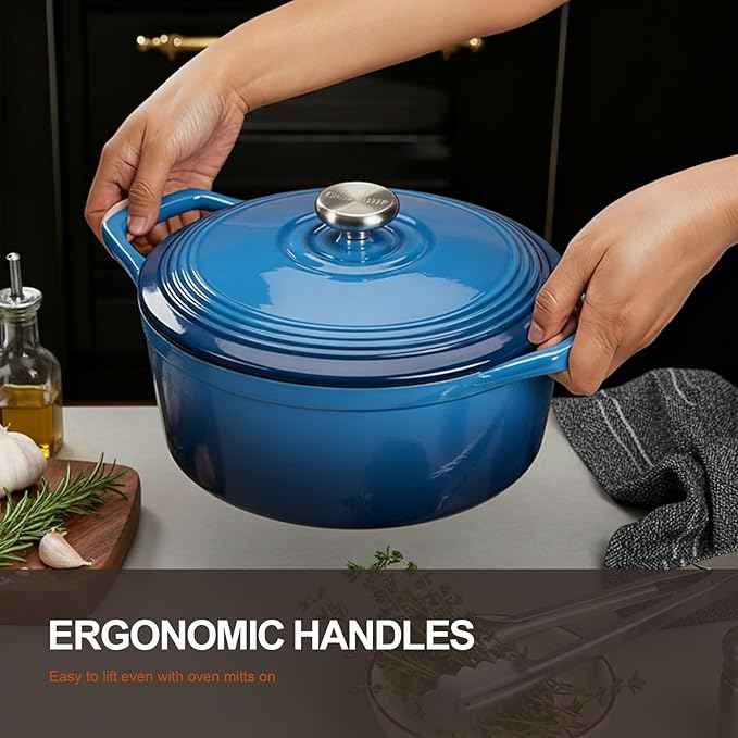 Overmont Enameled Cast Iron Dutch Oven - 5.5QT Pot with Lid Cookbook & Cotton Potholders - Heavy-Duty Cookware for Braising, Stews, Roasting, Bread Baking Blue