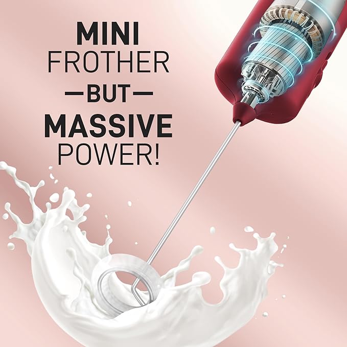Mini & Mighty Milk Frother Wand – Powerful Handheld Coffee Frother, Battery Operated Drink Mixer – Compact Pocket Size – Detachable Whisk for Latte, Cappuccino, Matcha, Hot Chocolate – Cranberry