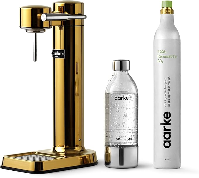 Aarke Carbonator lll with CO2 Cylinder, Sparkling & Carbonation Water Machine, Stainless Steel with PET BPA-Free Reusable Bottle Volume 1L/34 fl oz (Gold)